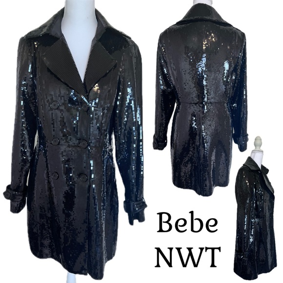 bebe Jackets & Blazers - BEBE NWT SEQUIN TRENCH COAT BLACK SHINY TUXEDO COUTURE GALA FORMAL JACKET GLAMOR